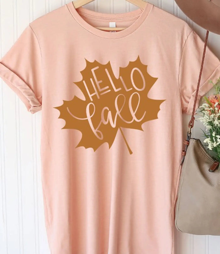 Hello Fall Leaf Graphic Tee - Heather Peach by Boutique 23
