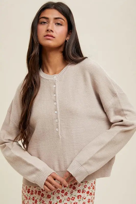 Henley Button-up Sweater: Shell by Boutique 23