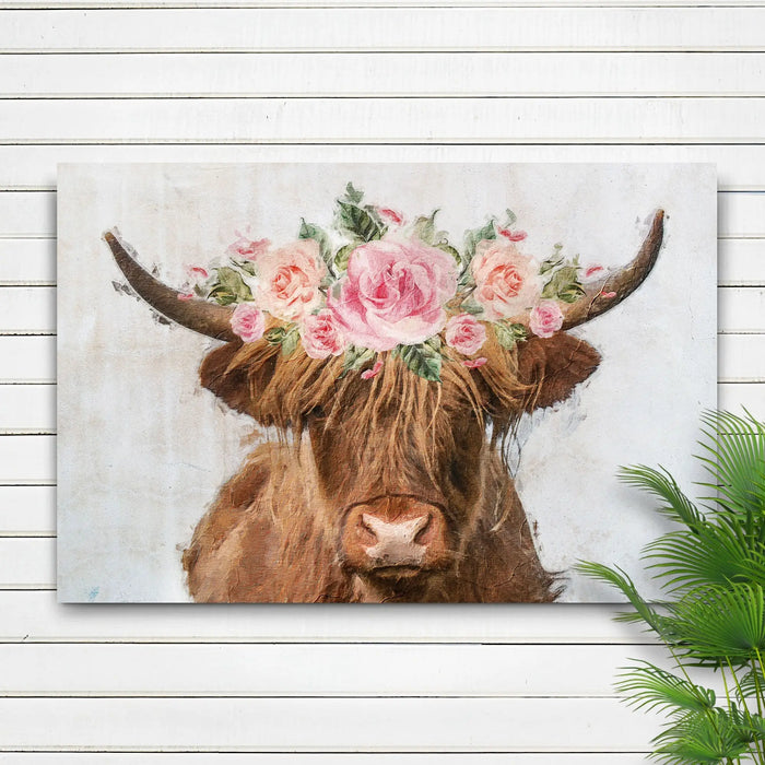 Highland Cow Floral Wreath Painting Canvas Wall Art by Tailored Canvases