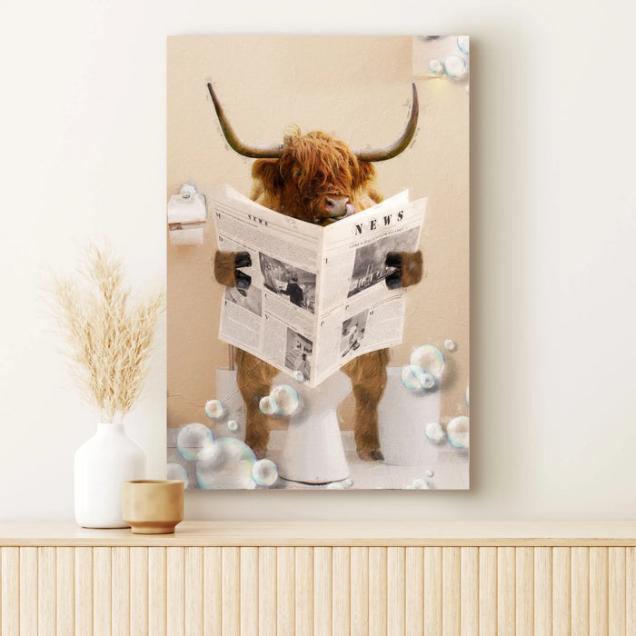 Highland Cow Reading Newspaper Canvas Wall Art by Tailored Canvases