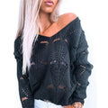 Hollow Out Design See Through V-Neck Long Sleeve Sweater by DailySale