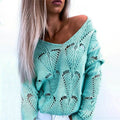 Hollow Out Design See Through V-Neck Long Sleeve Sweater by DailySale