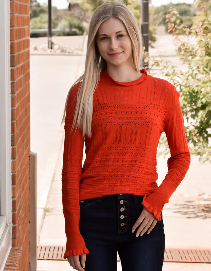 Hollow-Out Knitted Long Sleeve Top With Ruffle by Boutique 23