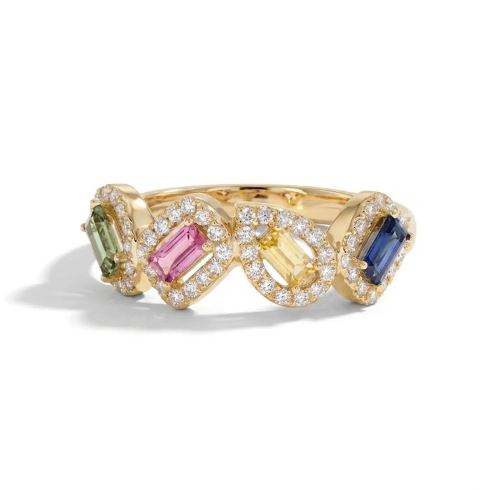 IGI Certified 0.40 Ct Multi Color Unheated Sapphire and Diamond 14K Yellow Gold Engagement Halo Ring by Fine Color Jewels
