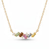 IGI Certified 0.64 Ct Baguette Multi Color Unheated Sapphire and Diamond 14K Yellow Gold Asymmetrical Bar Necklace