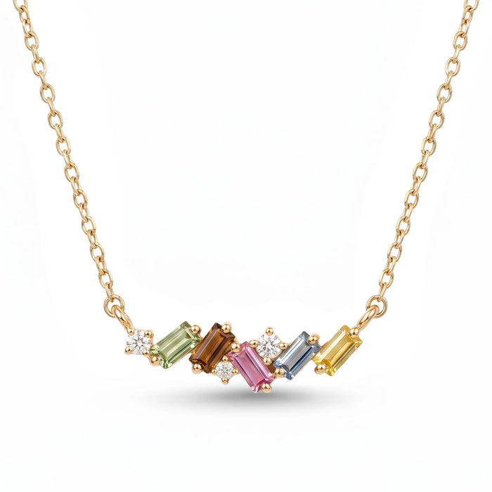 IGI Certified 0.64 Ct Baguette Multi Color Unheated Sapphire and Diamond 14K Yellow Gold Asymmetrical Bar Necklace by Fine Color Jewels