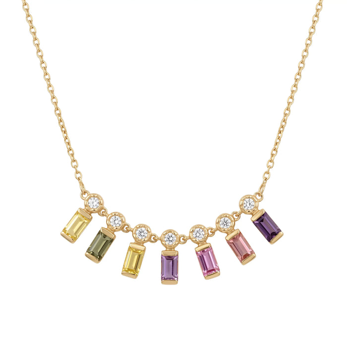 IGI Certified 0.65 Ct Baguette Multi Color Unheated Sapphire Diamond 14K Gold Rainbow Dangler Bar Necklace by Fine Color Jewels