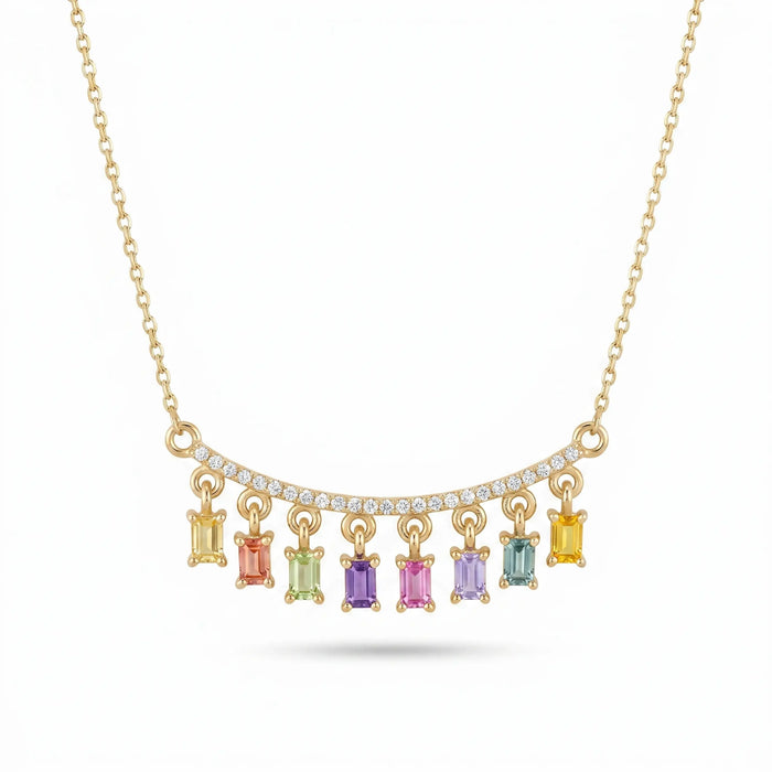 IGI Certified 0.78 Ct Baguette Multi Color Unheated Sapphire and Diamond 14K Yellow Gold Dangler Bar Necklace by Fine Color Jewels