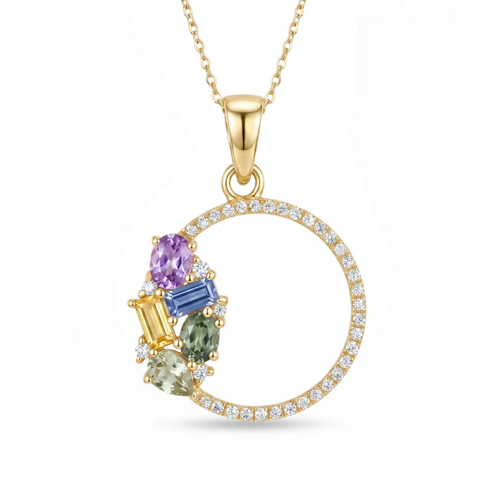 IGI Certified 0.83 Ct Multi Color Unheated Clustered Sapphire Diamond 14K Yellow Gold Wreath Pendant Necklace by Fine Color Jewels