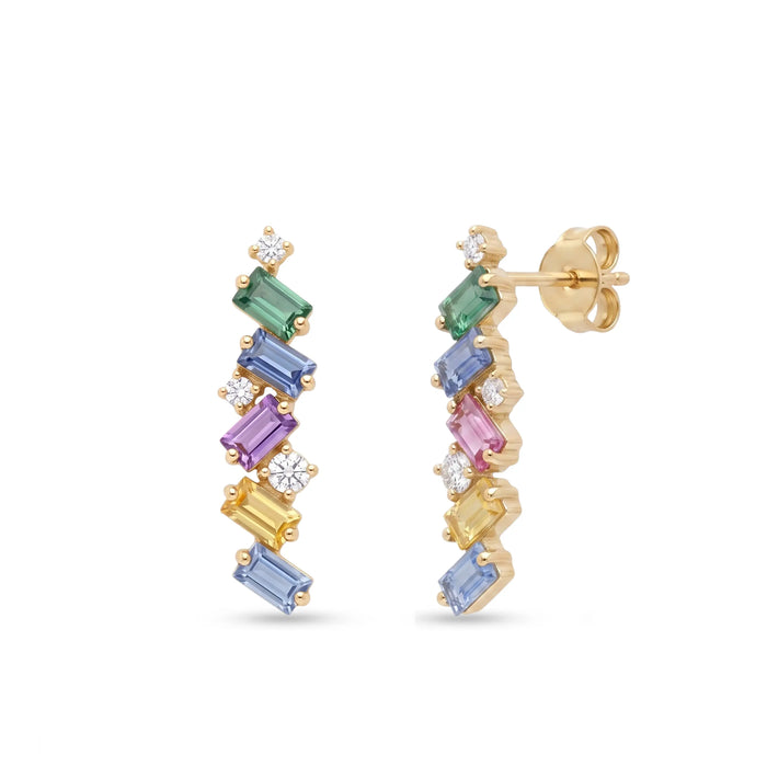 IGI Certified 0.96 Ct Multi Color Unheated Sapphire and Diamond 14K Gold Zigzag Drop Earrings by Fine Color Jewels