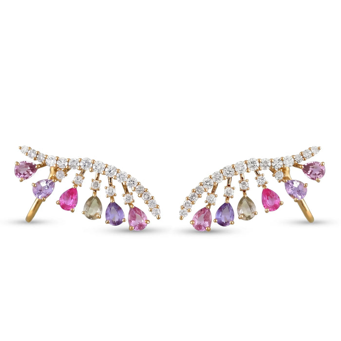 IGI Certified 2.01 Ct Pear Multi Color Unheated Sapphire and Diamond 14K Yellow Gold Ear Crawler Earrings by Fine Color Jewels