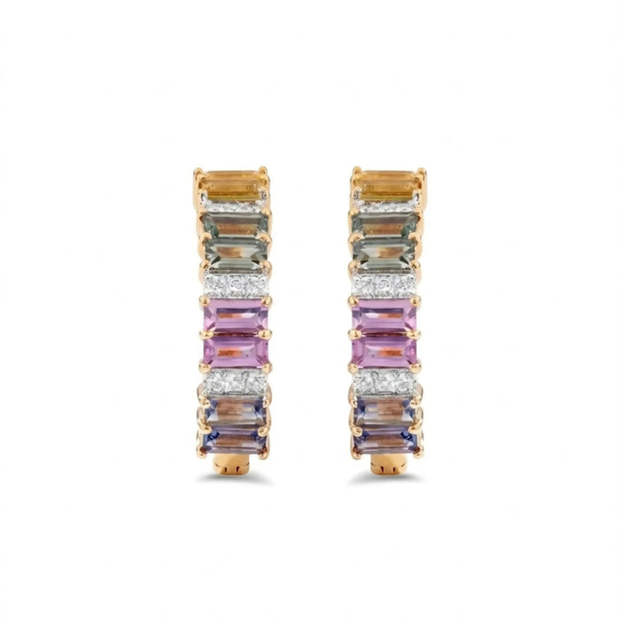 IGI Certified 2.10 Ct Multi Color Unheated Sapphire and Diamond 14K Yellow Gold Half Way Hoop Earrings by Fine Color Jewels