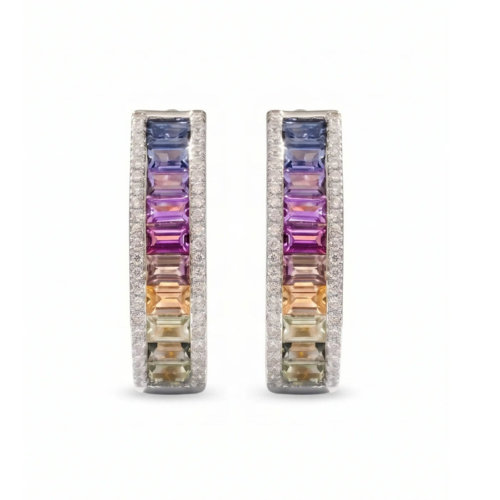 IGI Certified 2.13 Ct Multi Color Unheated Sapphire Diamond channel-set 14K White Gold J Hoop Earrings by Fine Color Jewels