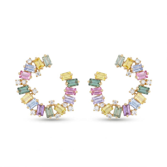 IGI Certified 3.34 Ct Multi Color Unheated Sapphire and Diamond 14K Yellow Gold Half Curved Hoop Earrings by Fine Color Jewels