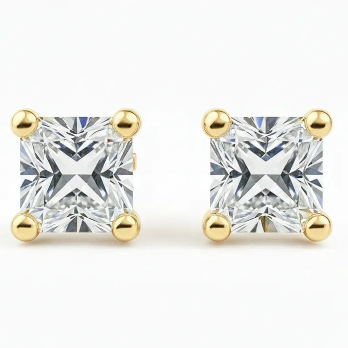IGI Certified Princess Cut Lab Grown Diamond Solitaire Stud Earrings Yellow Gold by Fine Color Jewels