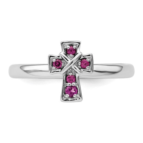 Natural Rhodolite Garnet Silver Stackable Cross Ring by Fine Color Jewels