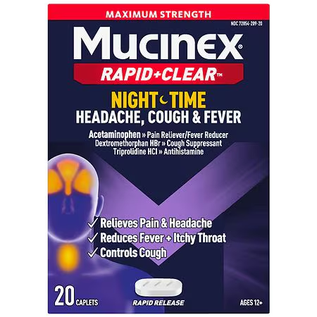 Mucinex Rapid+Clear Nighttime Headache Cough & Fever, Max Strength Rapid Release by Pasteur Pharmacy