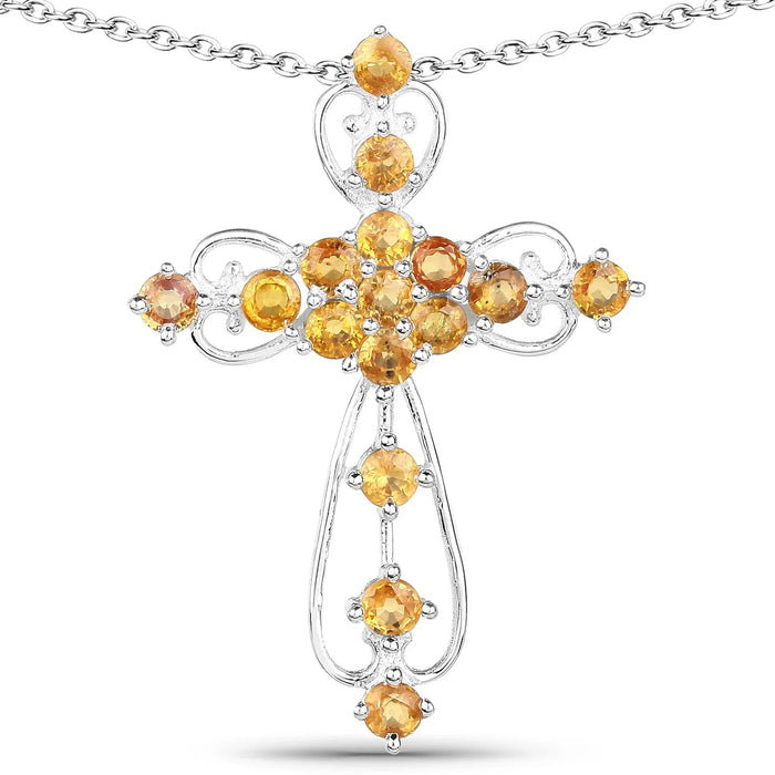 2.24 CTTW Round Yellow Sapphire Prong Silver Cross Pendant Necklace by Fine Color Jewels