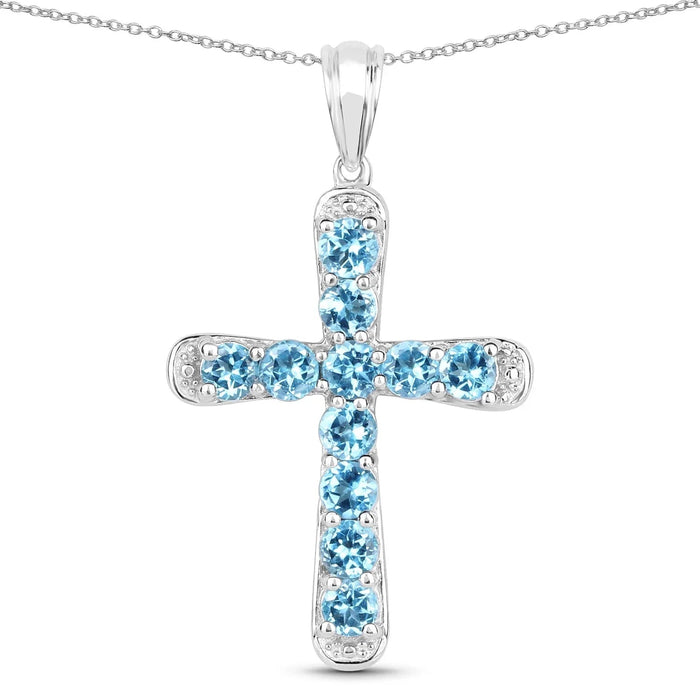 3.85 Ct Round Blue Topaz Prong Silver Cross Pendant Necklace by Fine Color Jewels
