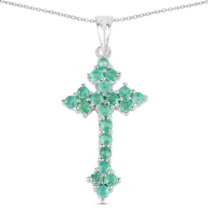 2.00 Ct Green Zambian Emerald Prong Silver Cross Pendant Necklace by Fine Color Jewels
