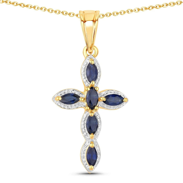0.90 Ct Marquise Blue Sapphire Prong Silver Cross Pendant Necklace by Fine Color Jewels