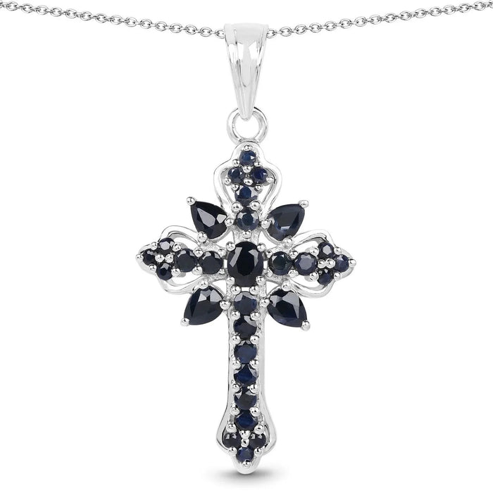 1.52 Ct Blue Sapphire Prong Silver Cross Pendant Necklace by Fine Color Jewels