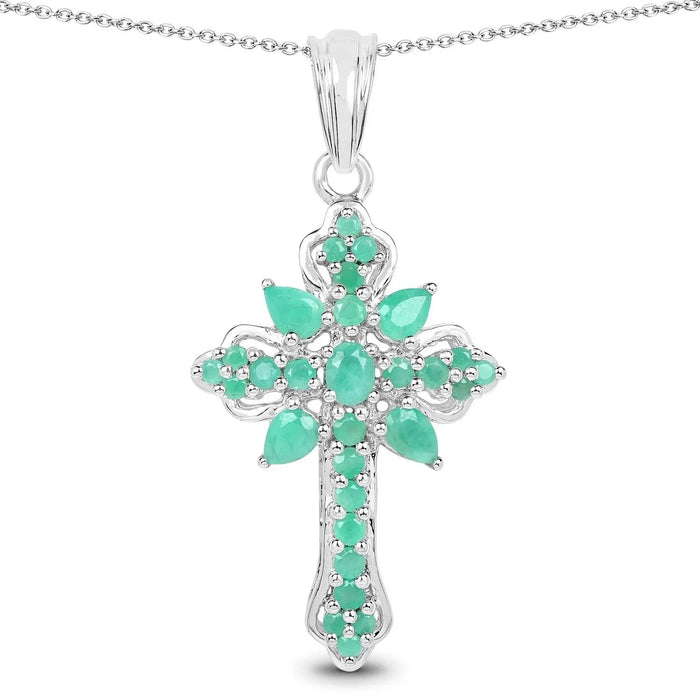 1.26 Ct Green Emerald Prong Silver Cross Pendant Necklace by Fine Color Jewels