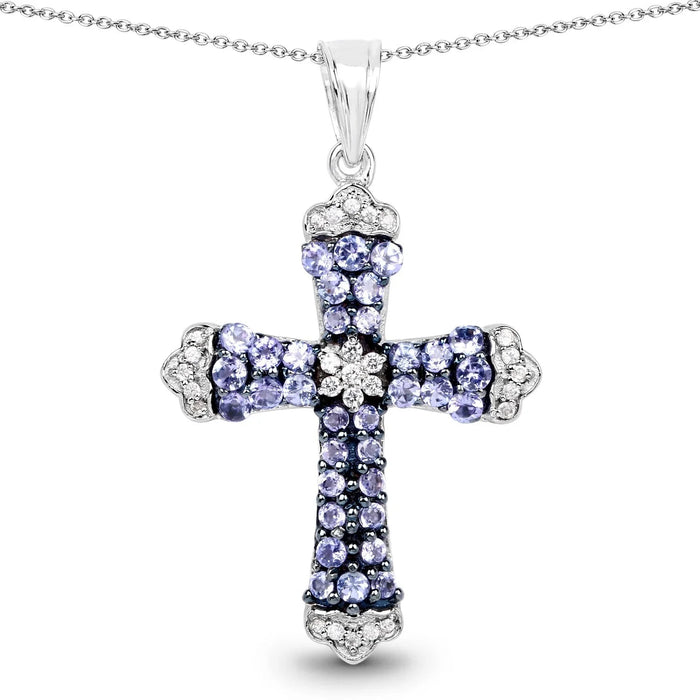 1.84 CTTW Round Violet Tanzanite Prong Silver Cross Pendant Necklace by Fine Color Jewels