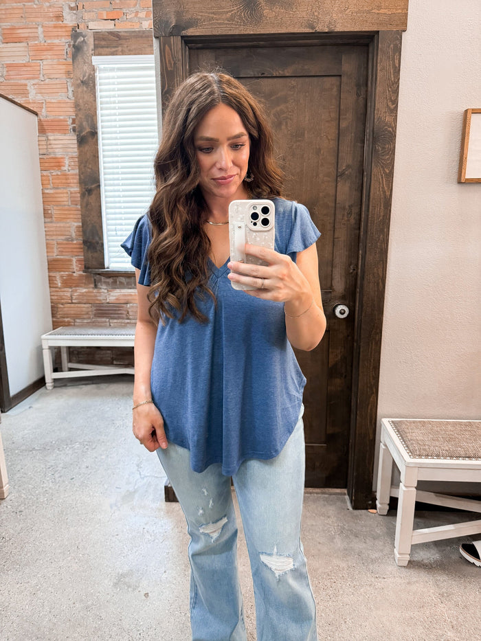 V Neck Ruffle Sleeve Top - Navy by Boutique 23