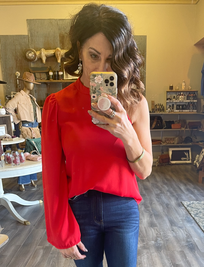 One Shoulder Trumpet Sleeve Top by Boutique 23
