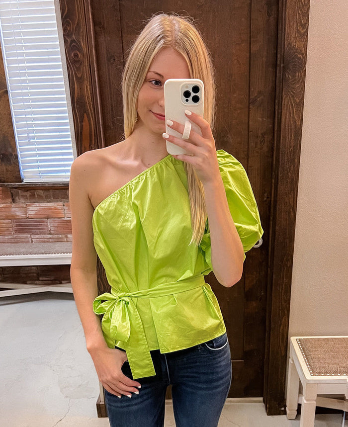 Lace-up Puff Sleeve One Shoulder Blouse by Boutique 23
