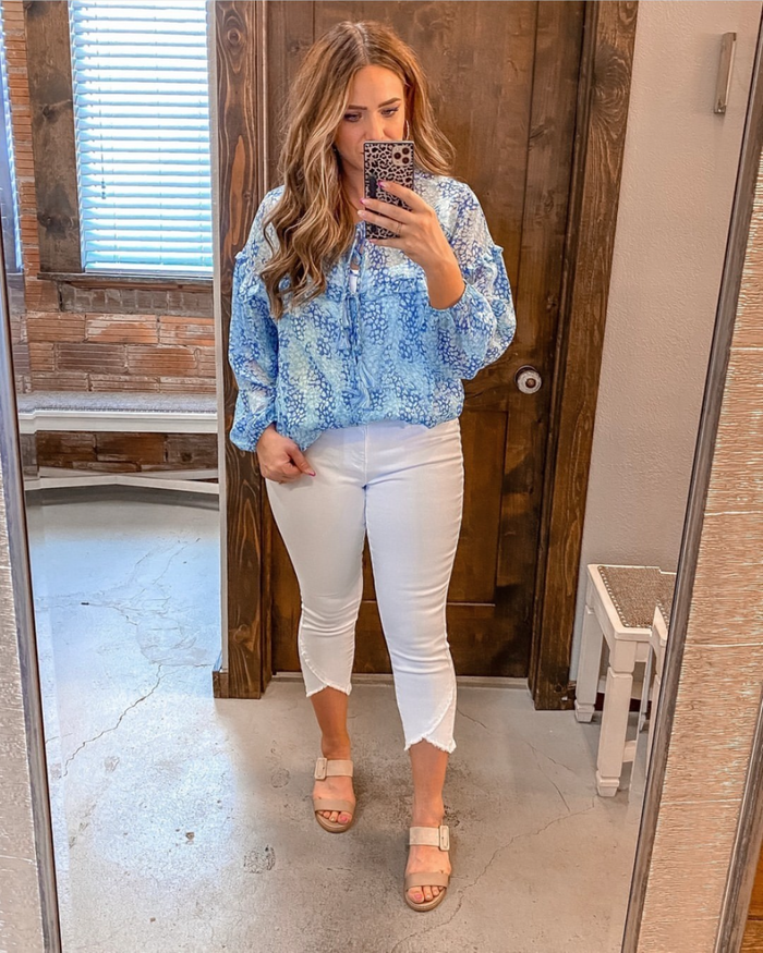 Printed Ruffle Blouse by Boutique 23