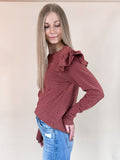 Soft Touch Striped Ruffle Shoulder Top - Brick Red by Boutique 23