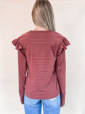 Soft Touch Striped Ruffle Shoulder Top - Brick Red by Boutique 23