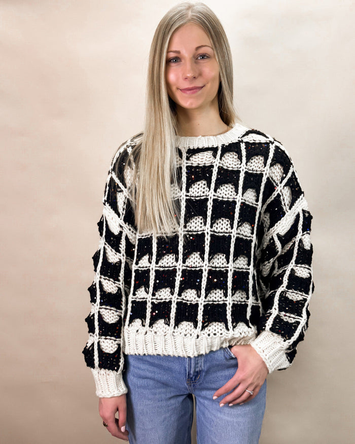 Contrast Color Square Knitted Sweater - Black/Ivory by Boutique 23