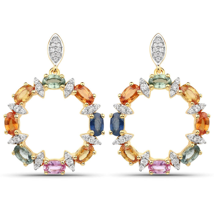4.12 Carat Genuine Multi Sapphire 22K Yellow Gold Over Silver Dangle Earrings by Fine Color Jewels