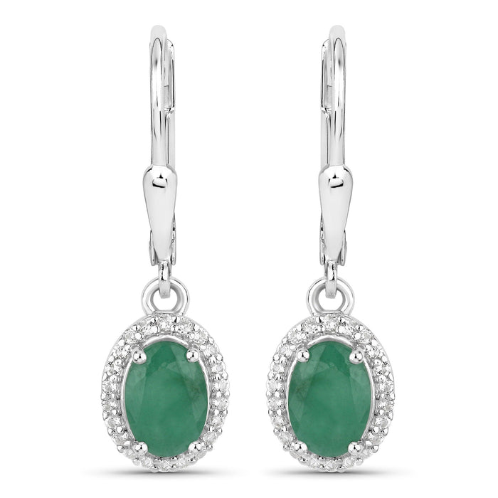 1.72 Ct Oval Green Emerald Prong Silver Halo Dangle Lever Back Earrings by Fine Color Jewels