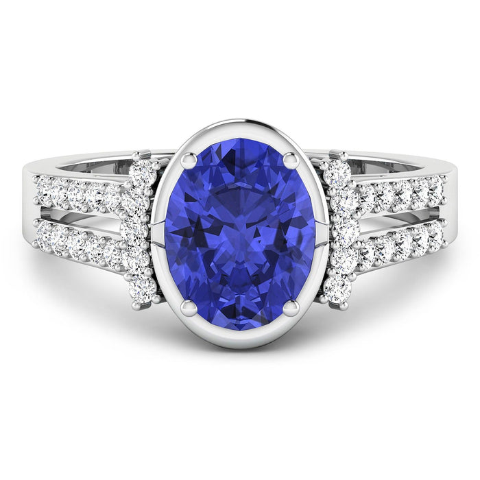 1.41 Ct Oval Violet Tanzanite & Lab Diamond Bezel 14K Gold Bridge Ring by Fine Color Jewels