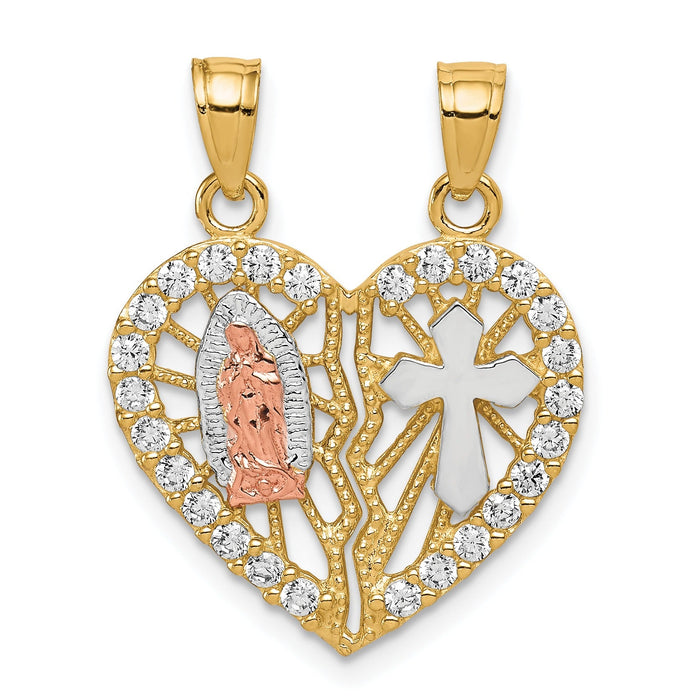10k Two-tone CZ Break-apart Cross Heart Pendant by Fine Color Jewels