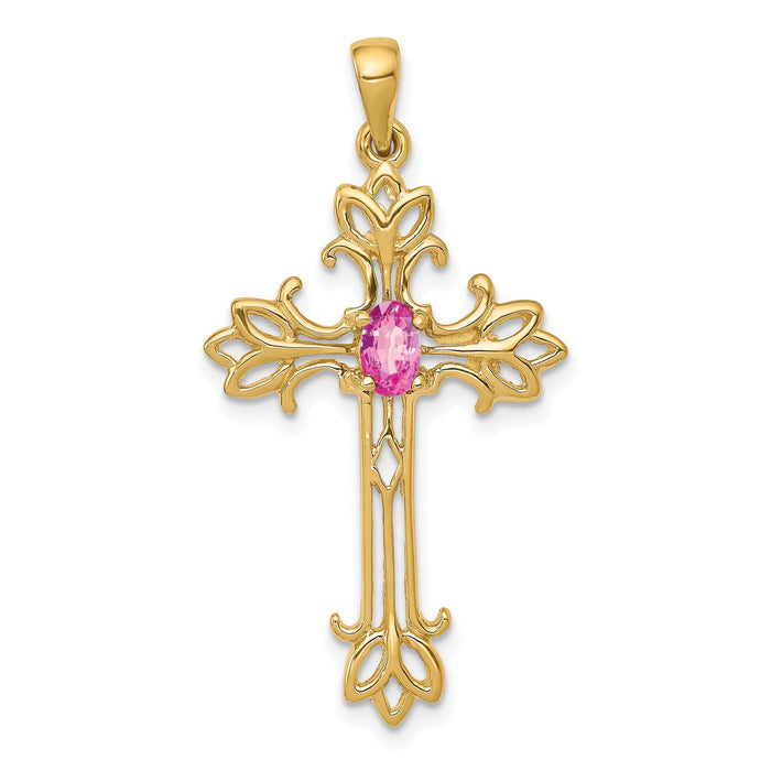 10K Yellow Gold Oval Natural Pink Sapphire Cross Pendant by Fine Color Jewels