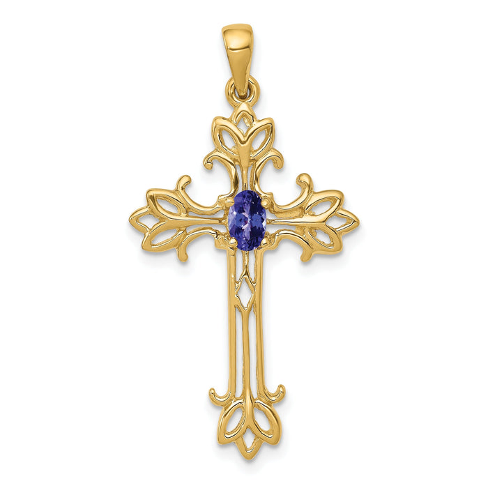 10K Yellow Gold Oval Natural Tanzanite Cross Pendant by Fine Color Jewels