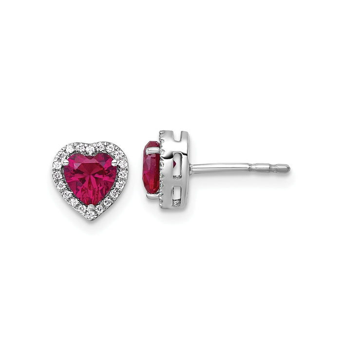 14k White Gold Lab Grown Diamond and Ruby Heart Stud Earrings 0.12 Ct by Fine Color Jewels