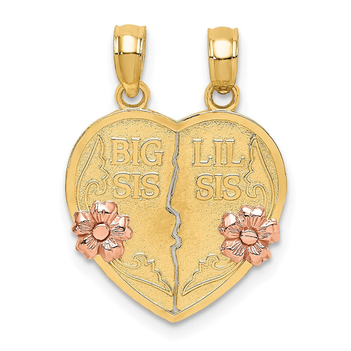 14k Gold BIG SIS-LIL SIS Break-apart Heart Charm Pendant by Fine Color Jewels