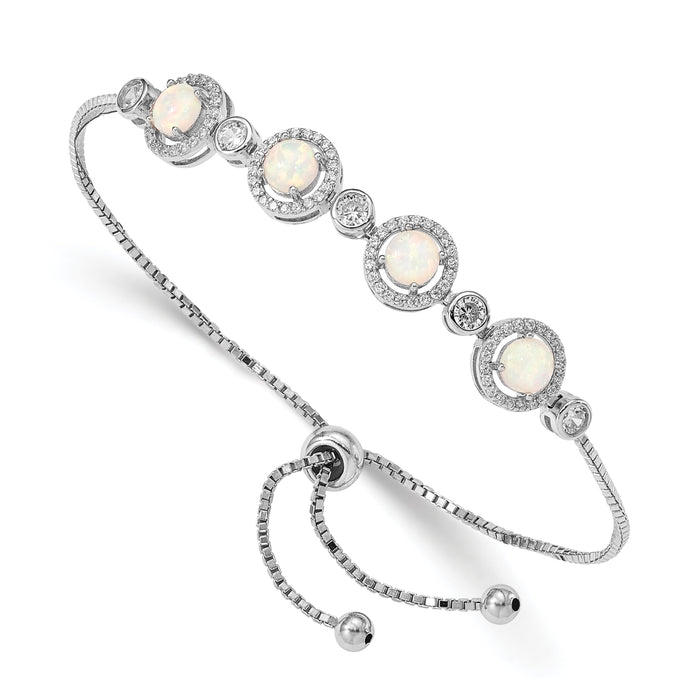 Round White Created Opal & CZ Halo Prong Sterling Silver Adjustable Bolo Bracelet by Fine Color Jewels