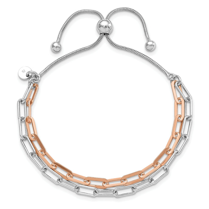 Two-Tone Rose Gold Plated Sterling Silver 2-Strand Paperclip Link Adjustable Slider Bolo Bracelet by Fine Color Jewels