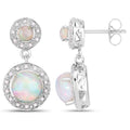 2.02 Ct Round White Ethiopian Opal & Diamond Prong Silver Halo Dangle Earrings by Fine Color Jewels
