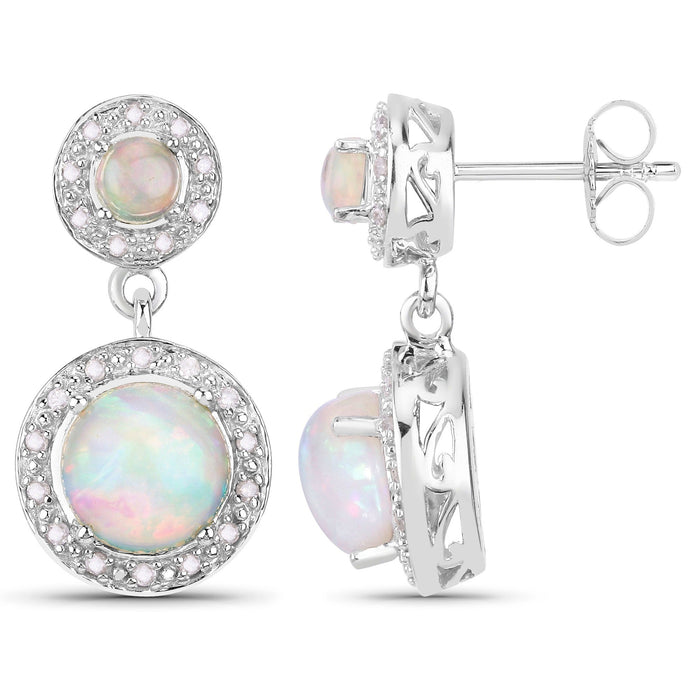 2.02 Ct Round White Ethiopian Opal & Diamond Prong Silver Halo Dangle Earrings by Fine Color Jewels
