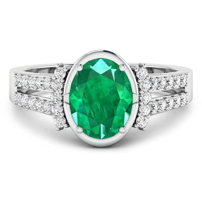 1.53 Ct Oval Green Zambian Emerald & Diamond Prong 14K Gold Bridge Ring by Fine Color Jewels