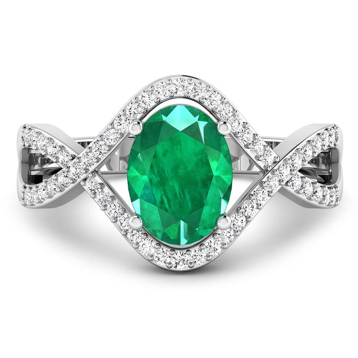 1 Ct Oval Green Zambian Emerald Diamond Prong 14K Gold Crossover Ring by Fine Color Jewels