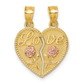 14k Real Gold LOVE And Roses Heart breakable pendant by Fine Color Jewels
